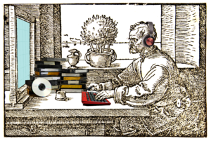 Durer woodcut of a medieval man digitizing videos and music