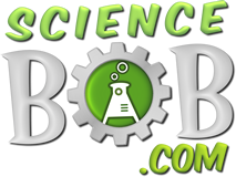 "Science Bob" with a gear representing the O with a bubbling flash in the middle