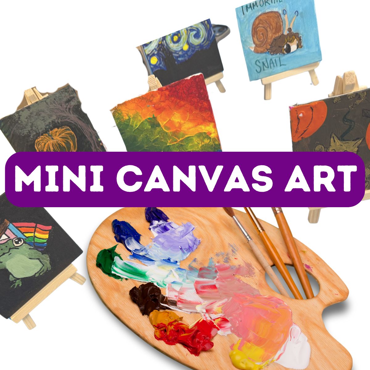 a painter's palette with six 4"x4" canvases